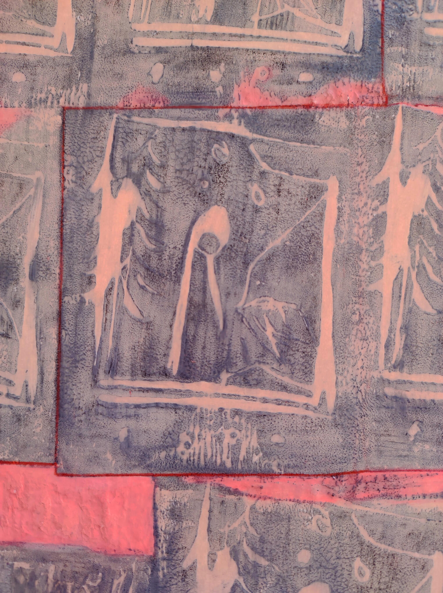 Motifs faits au tampon passé à l'encre noir, puis recouvert de crayon de couleur après séchage. Le papier du fond a aussi été travaillé entre les tampons avec la technique de l'embossage.