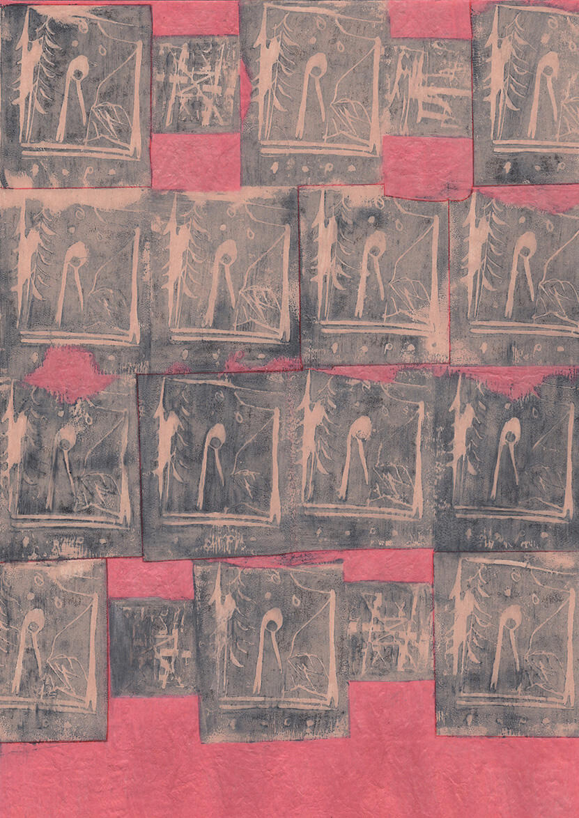 Palimpseste 1 Motifs faits au tampon passé à l'encre noir, puis recouvert de crayon de couleur après séchage. Le papier du fond a aussi été travaillé entre les tampons avec la technique de l'embossage