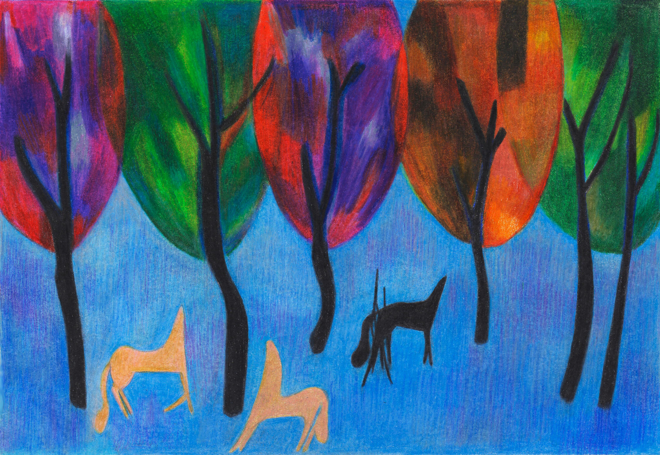 Chevaux de peau - Dessin aux crayons de couleur- squiggle- horses - maureenlasne - skin horses