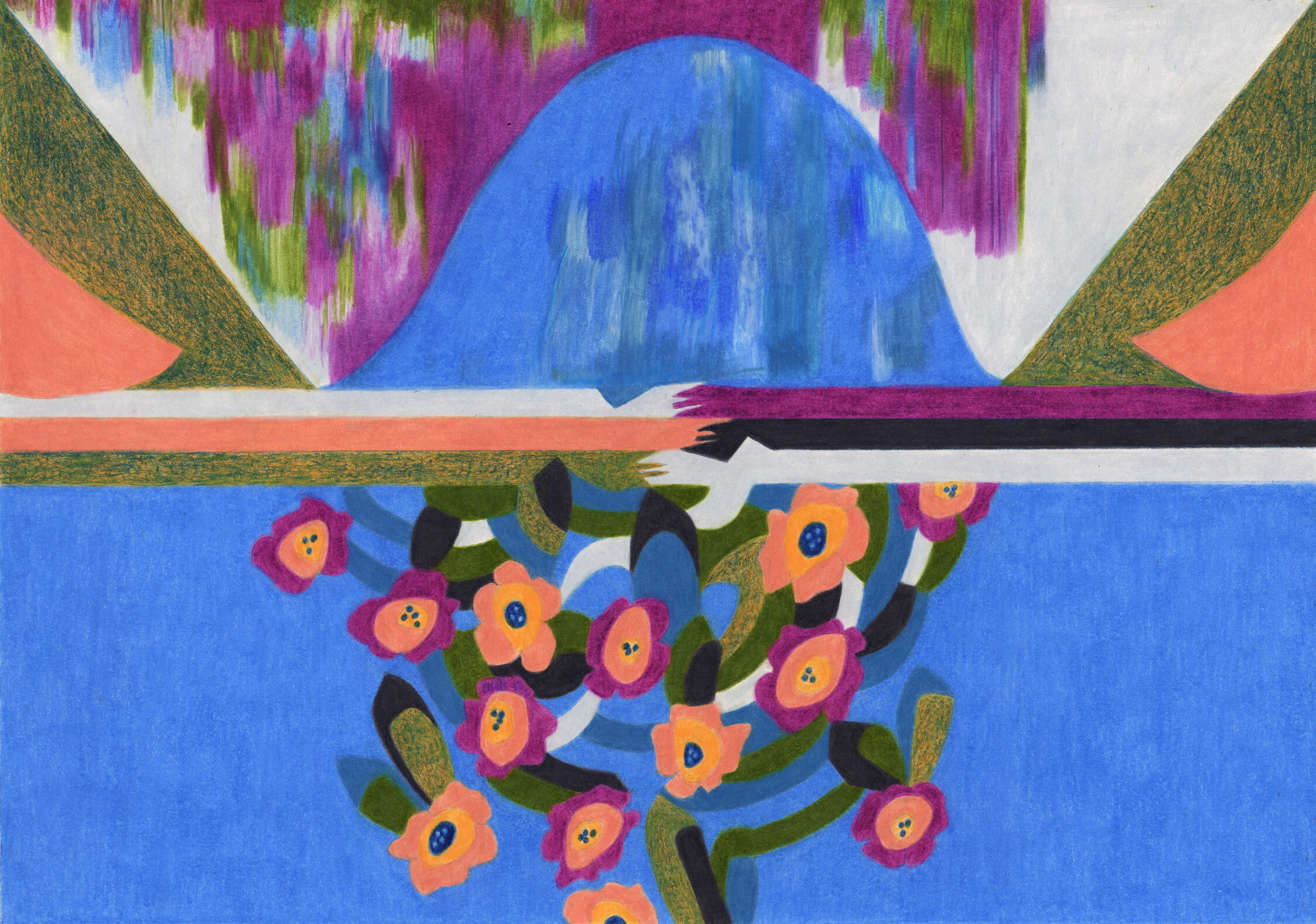 Dessin expérimental inspiré du travail de E. Benedictus et incluant des fleurs expérimentant les notions d'équilibre et déséquilibre dans une composition