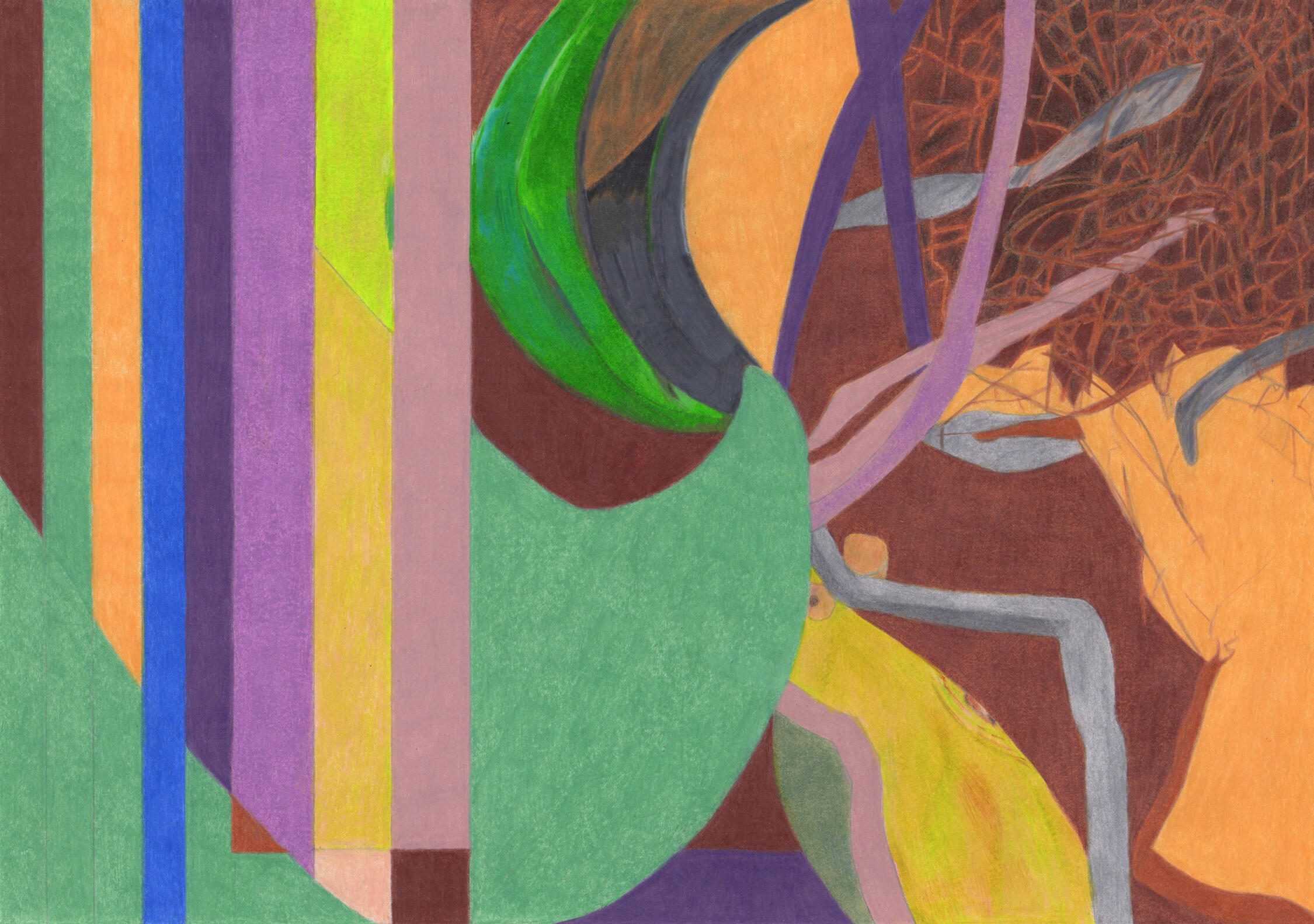 Dessin très coloré, entre abstraction et figuration, autour du thème de l'orchidée